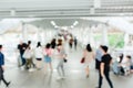 Many people walking on the skywalk with blurry image