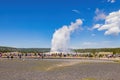 Many people watching the famous Old Faithful hot water eruptions