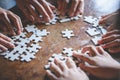 Many persons holding pieces of jigsaw puzzle,Teamwork concept,,Business connection,Success and strategy concept,Business accountin