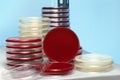 Many petri dishes stacked in workbench of laboratory Royalty Free Stock Photo