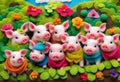 many piglets in the lettuce garden, with multi-colored flowers, houses, nature, bright sky