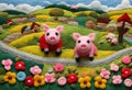 many piglets in the lettuce garden, with multi-colored flowers, houses, nature, bright sky