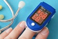 many pills, stethoscope, pulse oximeter for finger tip simultaneous monitoring of blood flow and transcutaneous oxygen on table Royalty Free Stock Photo