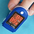 many pills, stethoscope, pulse oximeter for finger tip simultaneous monitoring of blood flow and transcutaneous oxygen on table Royalty Free Stock Photo