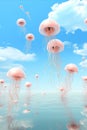 Many pink fuzz fantasy jellyfish on blue solid background, simple abstract colorful design, vertical Royalty Free Stock Photo