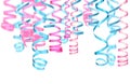 Many pink and light blue serpentine streamers on white background. Party decor Royalty Free Stock Photo