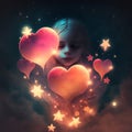 Many Pink and Red Hearts glowing in the sky Little girl Praying