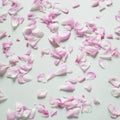 Many Pink Rose Petals. Flowers Composition. Rose Flower Petals. Flat Lay, Top View, On Gray Background