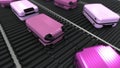 Many pink suitcases move on roller conveyor. 3D rendering