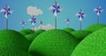 many pinwheels on grass-covered hills. Toy windmill landscape. Renewable energy concept. 3D illustration Royalty Free Stock Photo