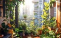 Many plants and flowers on the balcony of an urban city house, Balcony gardening concept