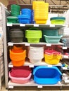 Many plastic products wash bowls on shelf store