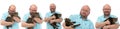 Many poses as a bald man holds a she-cat in his arms.