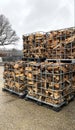 Many Prepared container firewood storage outside package store Royalty Free Stock Photo