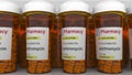 Many prescription bottles with azithromycin generic drug pills as a possible coronavirus disease treatment. 3D rendering