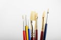 Many professional artist paintbrushes displayed vertically isolated on a white studio paper, photographed with soft focus