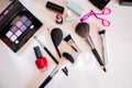 Many professional cosmetics and objects for make up