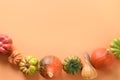 Many pumpkins in raw on orange background for Thanksgiving day or Halloween. Banner. Royalty Free Stock Photo