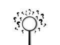 Many Question mark and Magnifying Glass on white background. Loupe With Questions Outside The Searching area. Creative Concept