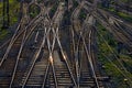 Many railroad tracks with interchanges and electric cables Royalty Free Stock Photo