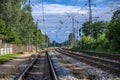 Many railway tracks stretching to the horizon; the woods, the fence, sky and the wires Royalty Free Stock Photo