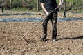 Many raking tilled soil at a farm or nursery Royalty Free Stock Photo