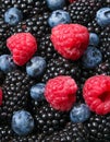 Many raspberries, blackberries, blueberries, background of berries.