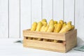 Many raw white and yellow carrots in crate on table