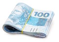 Many 100 reais banknotes, brazilian money, thousand reais, payment, salary, on isolated white background