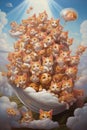 Many red cats from sky with clouds - vertical art print, whimsical and surreal