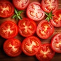 Tomates cortados vermelhos encima da mesa de madeira Royalty Free Stock Photo