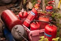 Many red fire extinguishers in box in truck lorry yard