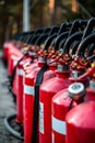 many red fire extinguishers on the shelf Royalty Free Stock Photo