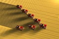 Many red grain combine harvesters work on the large wheat field - view from above in aerial shooting style, industrial 3D