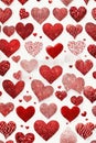 Many red hearts on a white background, rich pattern. Beautiful festive background. Valentine\'s Day