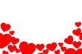 Many red paper hearts in the form of an arc. Rounded decorative frame on white background with copy space. Symbol of love