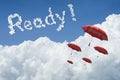 Many red umbrella floating above against Blue sky and cloud.Sunny day.Cloudscape.close up the cloud.text ready.get ready concept