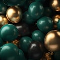 Many reen and gold shiny balls balloons, excellent greeting background,