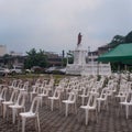 Many resin plastic chairs arranged in rows are prepared for the people to be inoculated with covid 19 vaccines at the cathedral pa Royalty Free Stock Photo