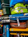 Many of retro vintage old baggages and luggages stacked together