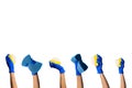 Many rhythmic hand in blue glove with blue and yellow sponge Royalty Free Stock Photo