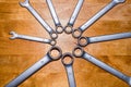 Many ring spanner on the working surface Royalty Free Stock Photo