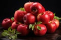 Many ripe juicy red apples covered with water drops. Generative AI Royalty Free Stock Photo