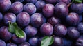 Many ripe plums with leaves at local market. Generative AI Royalty Free Stock Photo