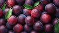 Many ripe plums with leaves at local market. Generative AI Royalty Free Stock Photo