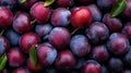 Many ripe plums with leaves at local market. Generative AI Royalty Free Stock Photo