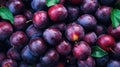 Many ripe plums with leaves at local market. Generative AI Royalty Free Stock Photo