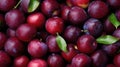 Many ripe plums with leaves at local market. Generative AI Royalty Free Stock Photo