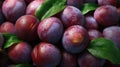 Many ripe plums with leaves at local market. Generative AI Royalty Free Stock Photo