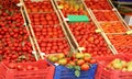 Many ripe red tomato in the boxes on sale in the grocery store i Royalty Free Stock Photo